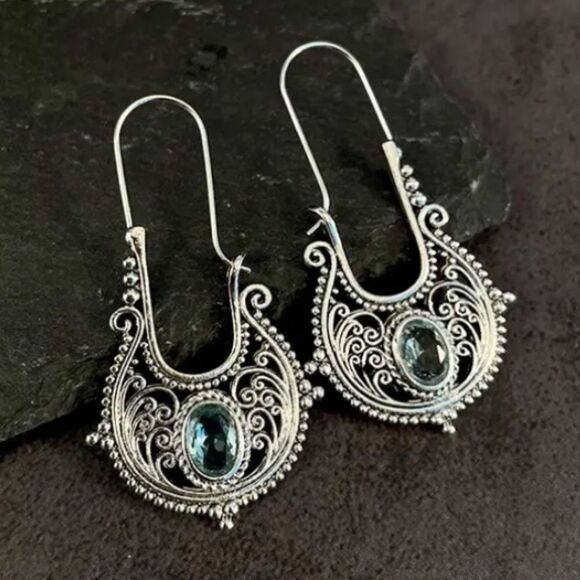 Blue Zircon Sterling Silver Boho Ethnic Earrings - Picture 4 of 7